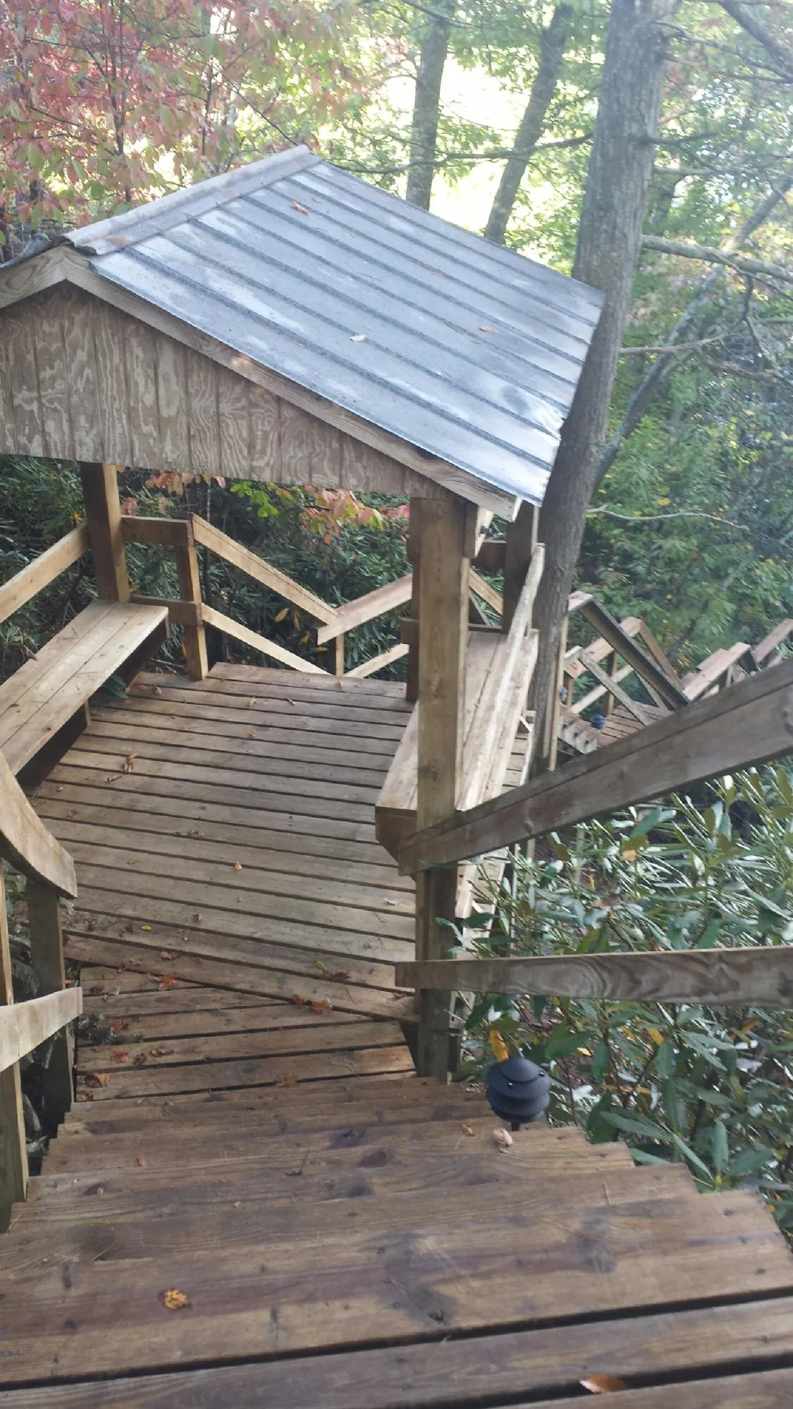 Metal roofed shelter over wooden steps on a wooded walkway — Skylight Repair & Installation work by our crew in Gulf